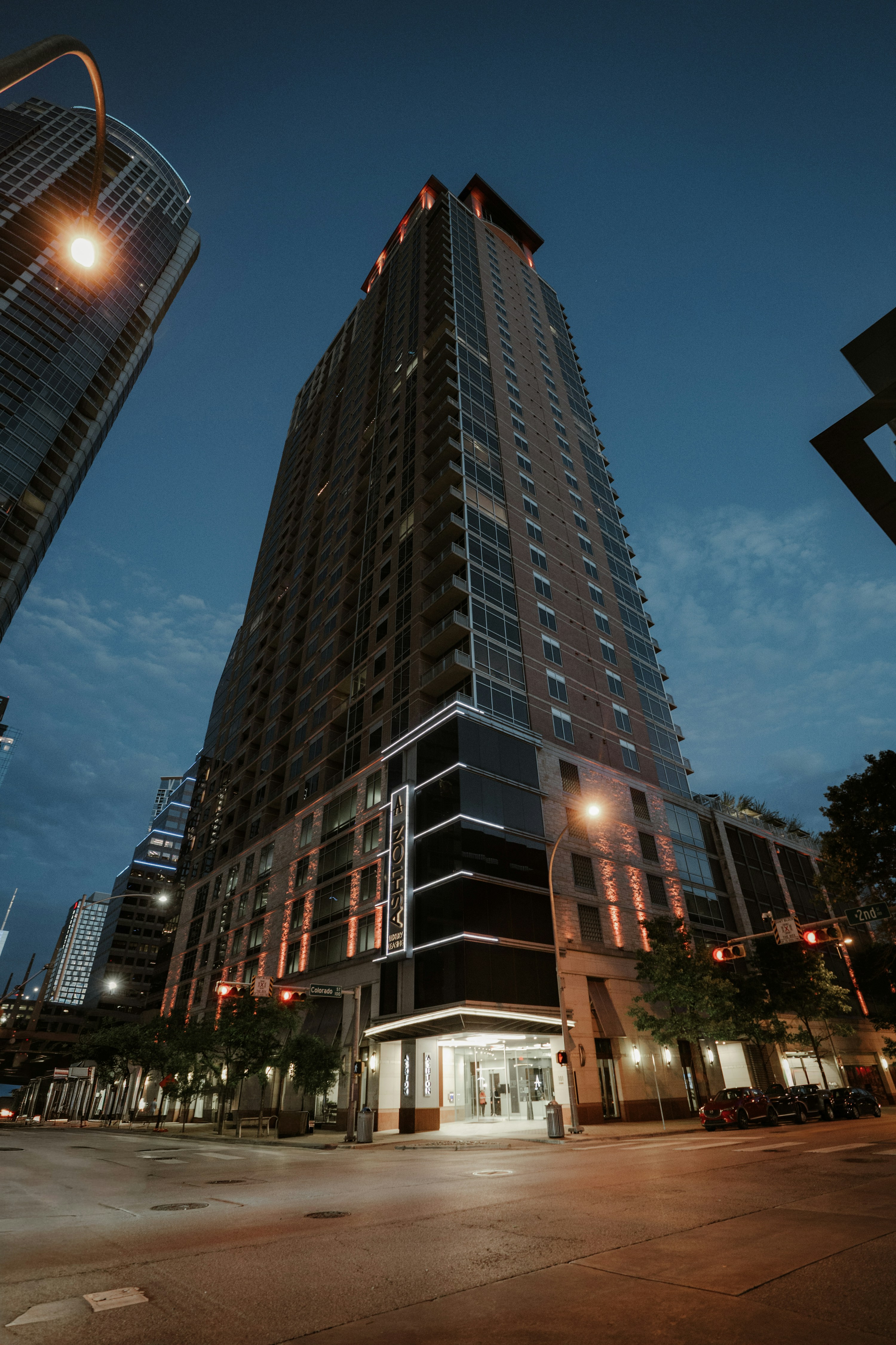 Modern high-rise architecture in Austin at dusk